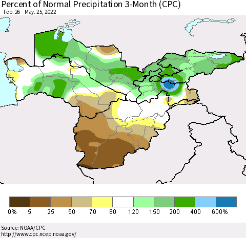 Central Asia Percent of Normal Precipitation 3-Month (CPC) Thematic Map For 2/26/2022 - 5/25/2022