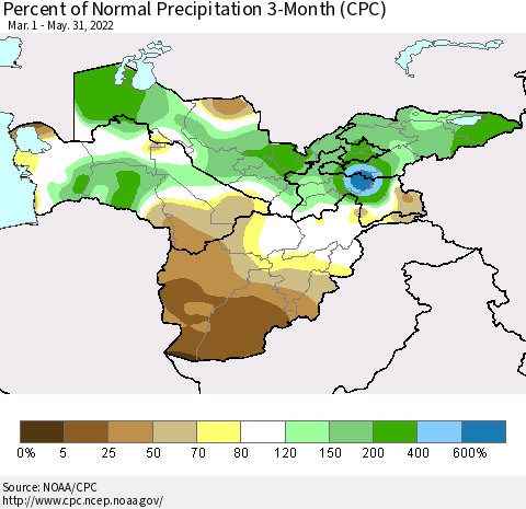 Central Asia Percent of Normal Precipitation 3-Month (CPC) Thematic Map For 3/1/2022 - 5/31/2022