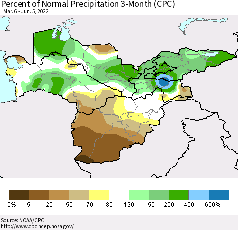 Central Asia Percent of Normal Precipitation 3-Month (CPC) Thematic Map For 3/6/2022 - 6/5/2022