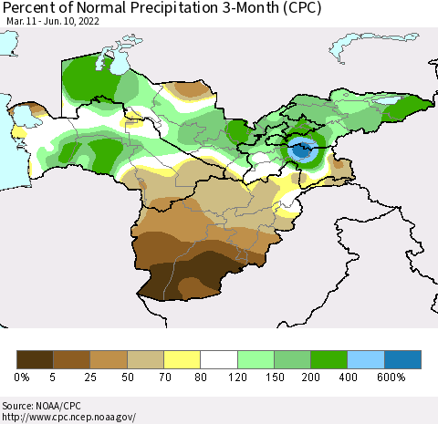 Central Asia Percent of Normal Precipitation 3-Month (CPC) Thematic Map For 3/11/2022 - 6/10/2022
