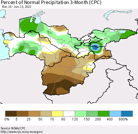 Central Asia Percent of Normal Precipitation 3-Month (CPC) Thematic Map For 3/16/2022 - 6/15/2022