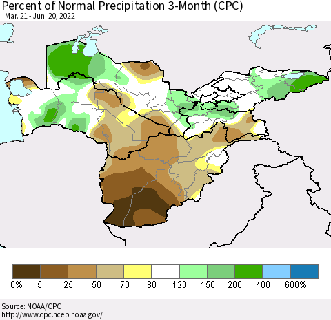 Central Asia Percent of Normal Precipitation 3-Month (CPC) Thematic Map For 3/21/2022 - 6/20/2022