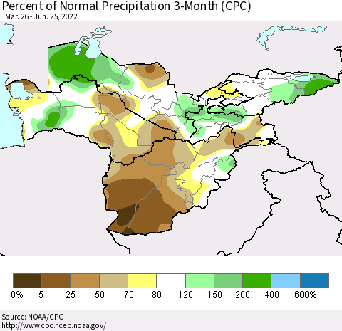 Central Asia Percent of Normal Precipitation 3-Month (CPC) Thematic Map For 3/26/2022 - 6/25/2022