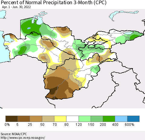 Central Asia Percent of Normal Precipitation 3-Month (CPC) Thematic Map For 4/1/2022 - 6/30/2022