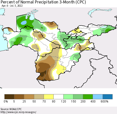 Central Asia Percent of Normal Precipitation 3-Month (CPC) Thematic Map For 4/6/2022 - 7/5/2022