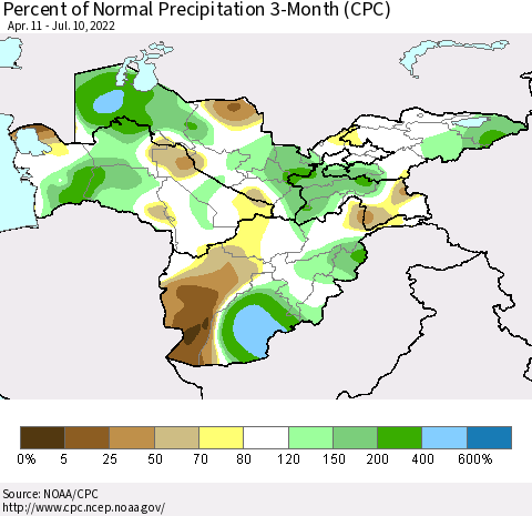 Central Asia Percent of Normal Precipitation 3-Month (CPC) Thematic Map For 4/11/2022 - 7/10/2022