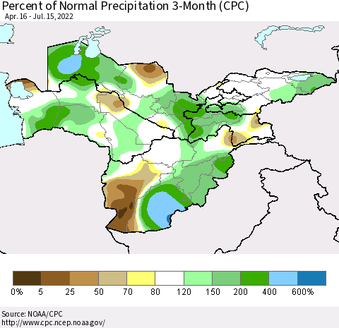 Central Asia Percent of Normal Precipitation 3-Month (CPC) Thematic Map For 4/16/2022 - 7/15/2022