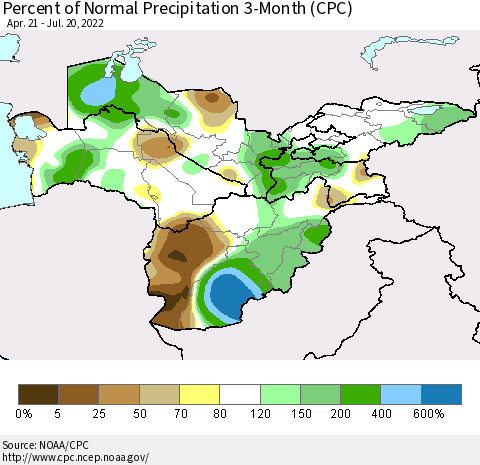 Central Asia Percent of Normal Precipitation 3-Month (CPC) Thematic Map For 4/21/2022 - 7/20/2022