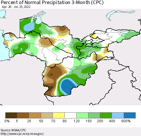 Central Asia Percent of Normal Precipitation 3-Month (CPC) Thematic Map For 4/26/2022 - 7/25/2022
