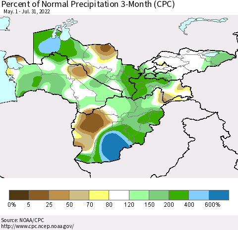 Central Asia Percent of Normal Precipitation 3-Month (CPC) Thematic Map For 5/1/2022 - 7/31/2022
