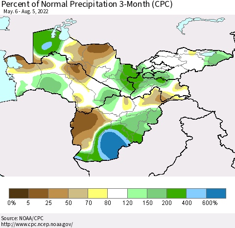 Central Asia Percent of Normal Precipitation 3-Month (CPC) Thematic Map For 5/6/2022 - 8/5/2022