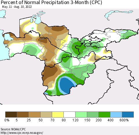 Central Asia Percent of Normal Precipitation 3-Month (CPC) Thematic Map For 5/11/2022 - 8/10/2022