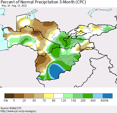 Central Asia Percent of Normal Precipitation 3-Month (CPC) Thematic Map For 5/16/2022 - 8/15/2022