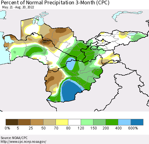 Central Asia Percent of Normal Precipitation 3-Month (CPC) Thematic Map For 5/21/2022 - 8/20/2022