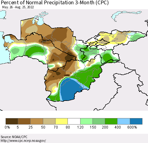 Central Asia Percent of Normal Precipitation 3-Month (CPC) Thematic Map For 5/26/2022 - 8/25/2022