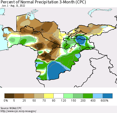 Central Asia Percent of Normal Precipitation 3-Month (CPC) Thematic Map For 6/1/2022 - 8/31/2022