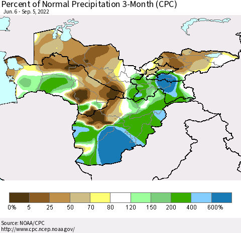 Central Asia Percent of Normal Precipitation 3-Month (CPC) Thematic Map For 6/6/2022 - 9/5/2022