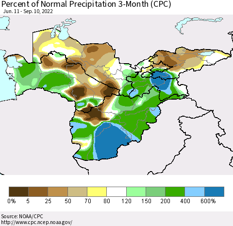 Central Asia Percent of Normal Precipitation 3-Month (CPC) Thematic Map For 6/11/2022 - 9/10/2022
