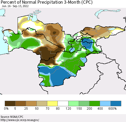 Central Asia Percent of Normal Precipitation 3-Month (CPC) Thematic Map For 6/16/2022 - 9/15/2022