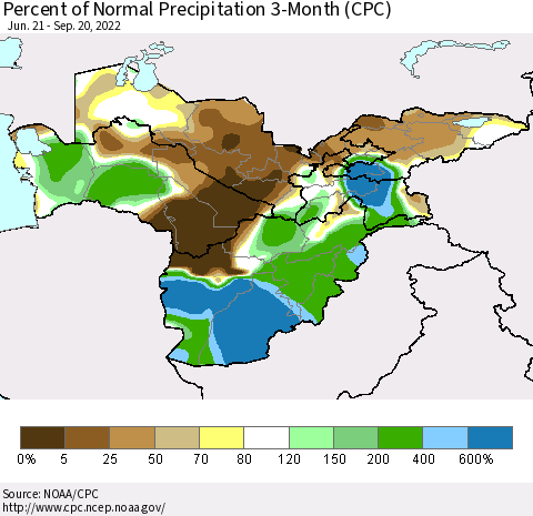 Central Asia Percent of Normal Precipitation 3-Month (CPC) Thematic Map For 6/21/2022 - 9/20/2022
