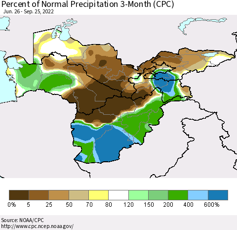 Central Asia Percent of Normal Precipitation 3-Month (CPC) Thematic Map For 6/26/2022 - 9/25/2022