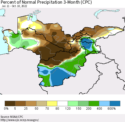 Central Asia Percent of Normal Precipitation 3-Month (CPC) Thematic Map For 7/11/2022 - 10/10/2022