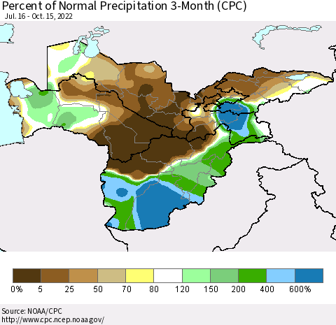 Central Asia Percent of Normal Precipitation 3-Month (CPC) Thematic Map For 7/16/2022 - 10/15/2022