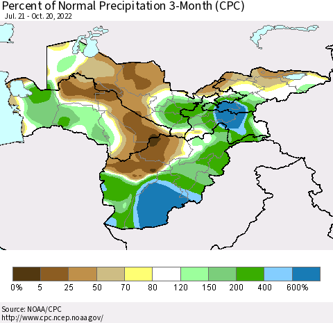 Central Asia Percent of Normal Precipitation 3-Month (CPC) Thematic Map For 7/21/2022 - 10/20/2022
