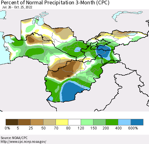 Central Asia Percent of Normal Precipitation 3-Month (CPC) Thematic Map For 7/26/2022 - 10/25/2022