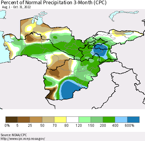 Central Asia Percent of Normal Precipitation 3-Month (CPC) Thematic Map For 8/1/2022 - 10/31/2022