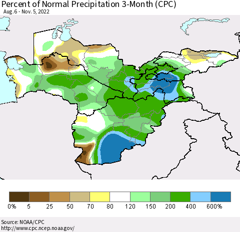 Central Asia Percent of Normal Precipitation 3-Month (CPC) Thematic Map For 8/6/2022 - 11/5/2022