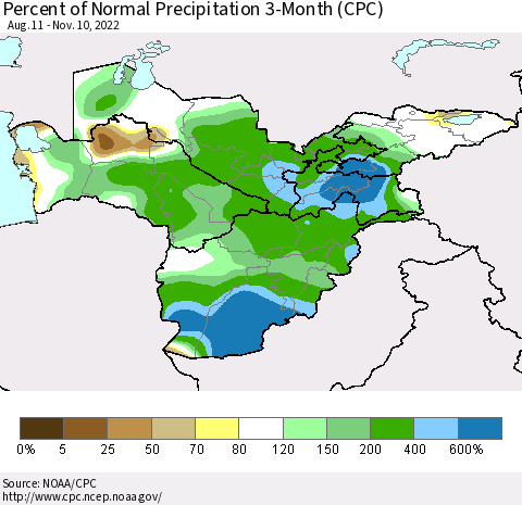 Central Asia Percent of Normal Precipitation 3-Month (CPC) Thematic Map For 8/11/2022 - 11/10/2022
