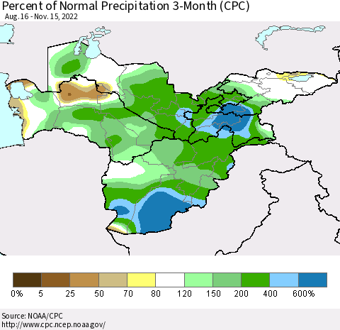Central Asia Percent of Normal Precipitation 3-Month (CPC) Thematic Map For 8/16/2022 - 11/15/2022