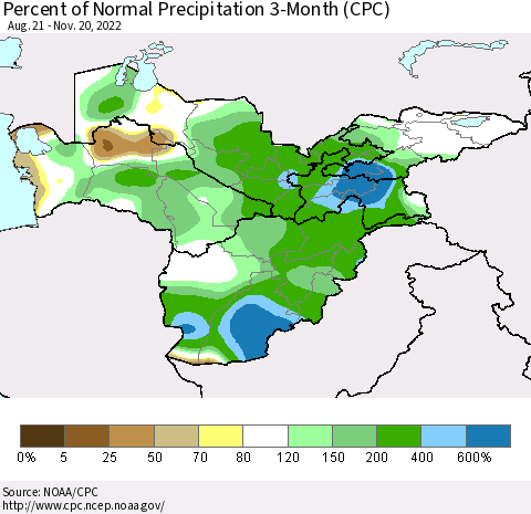 Central Asia Percent of Normal Precipitation 3-Month (CPC) Thematic Map For 8/21/2022 - 11/20/2022