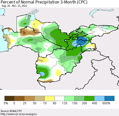 Central Asia Percent of Normal Precipitation 3-Month (CPC) Thematic Map For 8/26/2022 - 11/25/2022