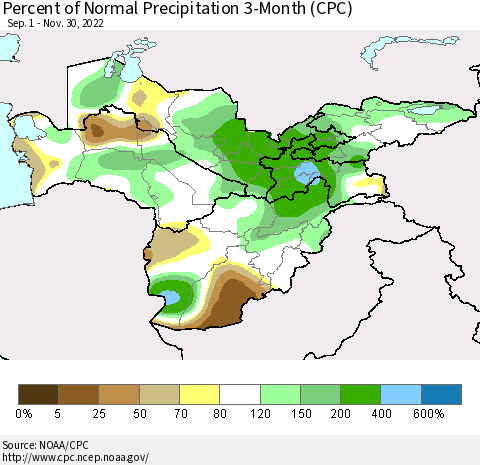 Central Asia Percent of Normal Precipitation 3-Month (CPC) Thematic Map For 9/1/2022 - 11/30/2022