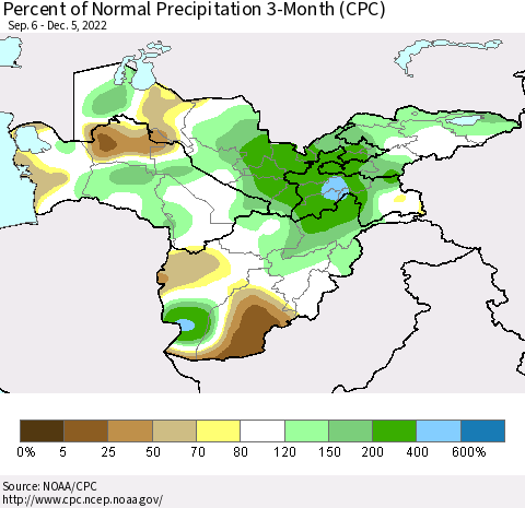 Central Asia Percent of Normal Precipitation 3-Month (CPC) Thematic Map For 9/6/2022 - 12/5/2022
