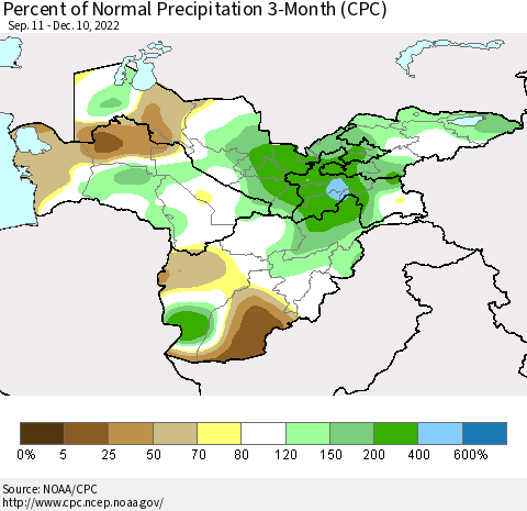 Central Asia Percent of Normal Precipitation 3-Month (CPC) Thematic Map For 9/11/2022 - 12/10/2022