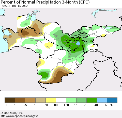 Central Asia Percent of Normal Precipitation 3-Month (CPC) Thematic Map For 9/16/2022 - 12/15/2022