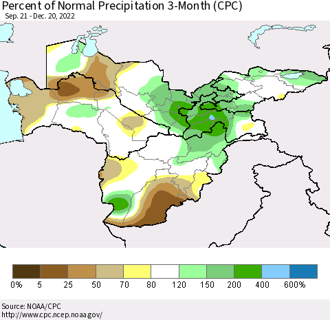 Central Asia Percent of Normal Precipitation 3-Month (CPC) Thematic Map For 9/21/2022 - 12/20/2022