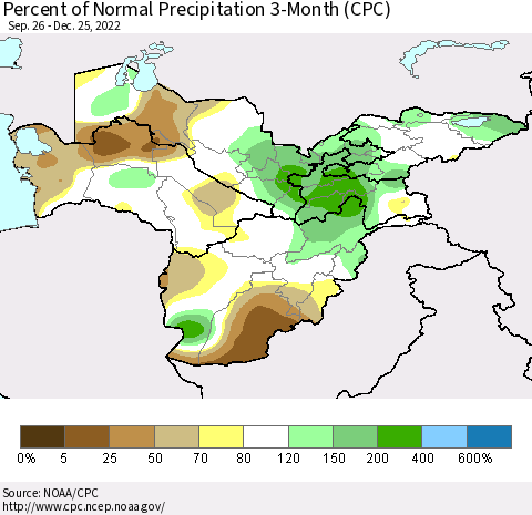 Central Asia Percent of Normal Precipitation 3-Month (CPC) Thematic Map For 9/26/2022 - 12/25/2022