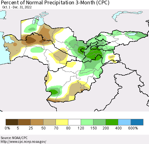 Central Asia Percent of Normal Precipitation 3-Month (CPC) Thematic Map For 10/1/2022 - 12/31/2022