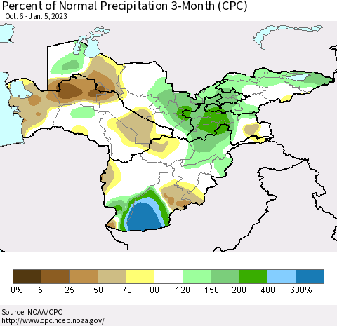Central Asia Percent of Normal Precipitation 3-Month (CPC) Thematic Map For 10/6/2022 - 1/5/2023