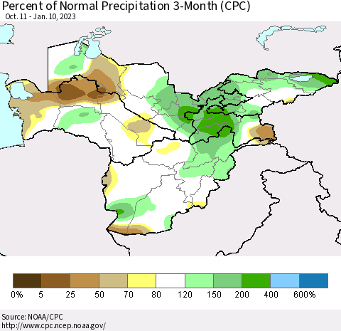 Central Asia Percent of Normal Precipitation 3-Month (CPC) Thematic Map For 10/11/2022 - 1/10/2023