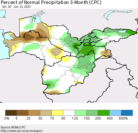Central Asia Percent of Normal Precipitation 3-Month (CPC) Thematic Map For 10/16/2022 - 1/15/2023