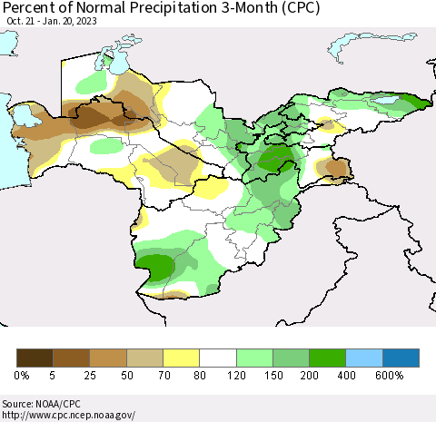 Central Asia Percent of Normal Precipitation 3-Month (CPC) Thematic Map For 10/21/2022 - 1/20/2023