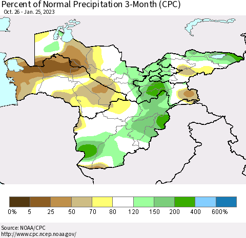 Central Asia Percent of Normal Precipitation 3-Month (CPC) Thematic Map For 10/26/2022 - 1/25/2023