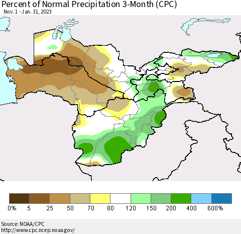 Central Asia Percent of Normal Precipitation 3-Month (CPC) Thematic Map For 11/1/2022 - 1/31/2023