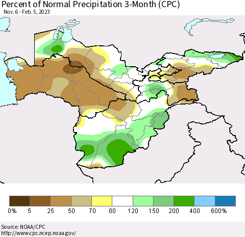 Central Asia Percent of Normal Precipitation 3-Month (CPC) Thematic Map For 11/6/2022 - 2/5/2023