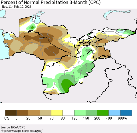 Central Asia Percent of Normal Precipitation 3-Month (CPC) Thematic Map For 11/11/2022 - 2/10/2023